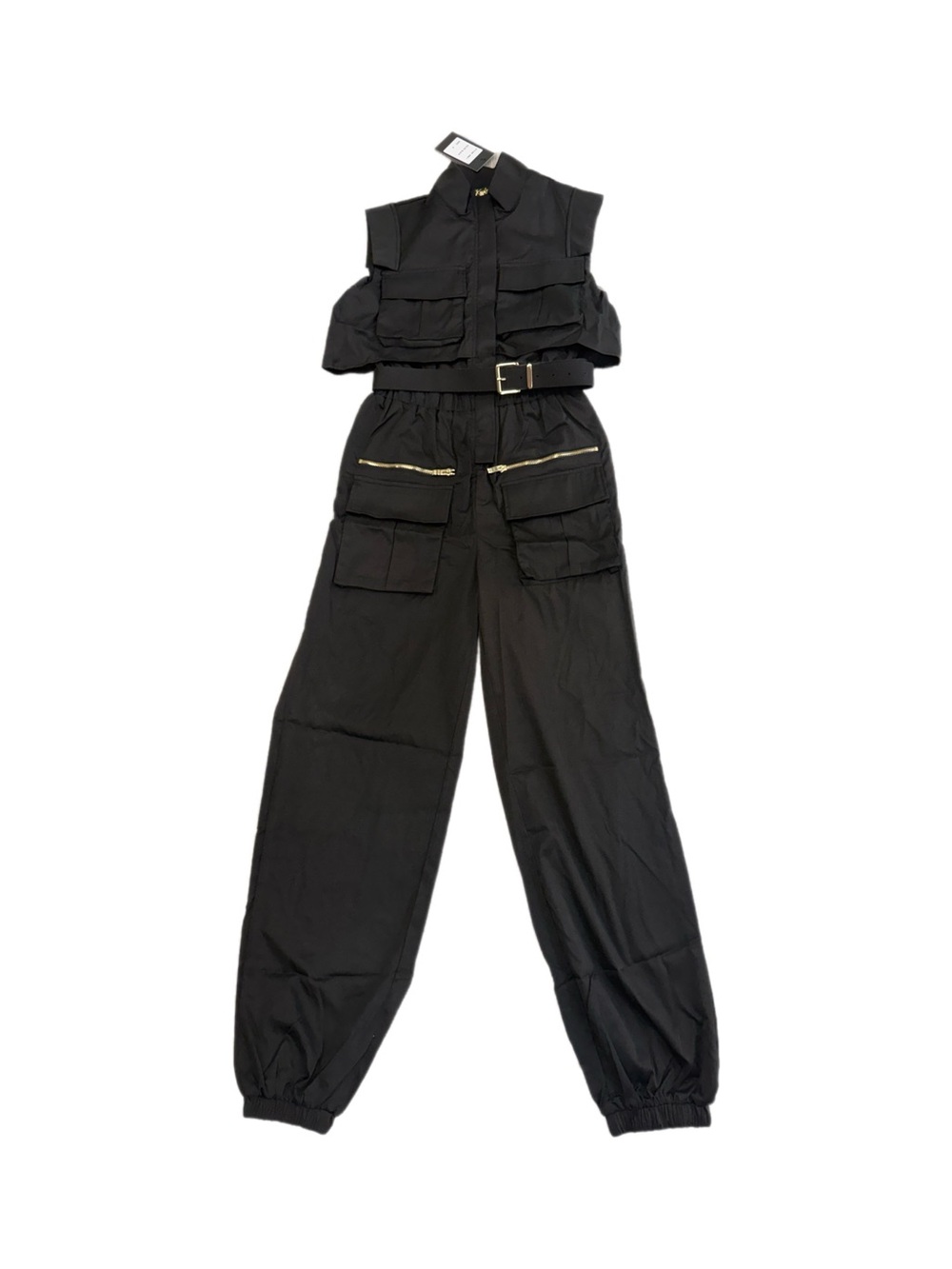 Kaylee Kollection Sleeveless Black Utility style Jumpsuit with Belt Sz S NWT - Picture 2 of 8